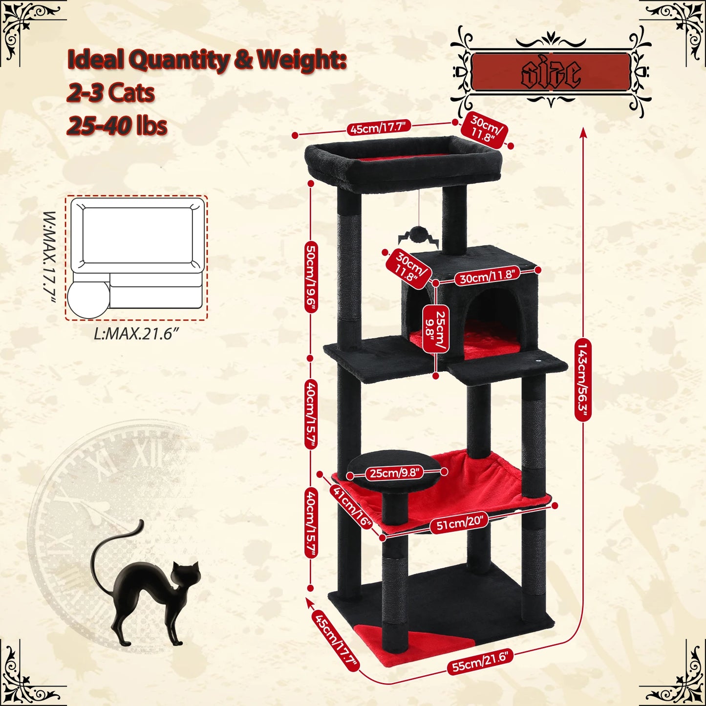 Gothic Cat Tree for Indoor Cats – Tall Multi-Level Cat Tower with Super Large Hammock, Cozy Condo, Top Perch & Sisal Scratching Posts.