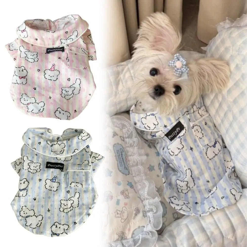 Cute Puppy Print Dog Sleepwear – Breathable Short Sleeve Home Clothes for Dogs & Cats, Soft Indoor Wear in Blue & Pink Options