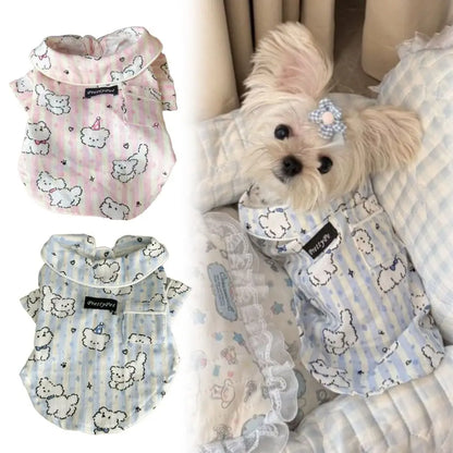 Cute Puppy Print Dog Sleepwear – Breathable Short Sleeve Home Clothes for Dogs & Cats, Soft Indoor Wear in Blue & Pink Options