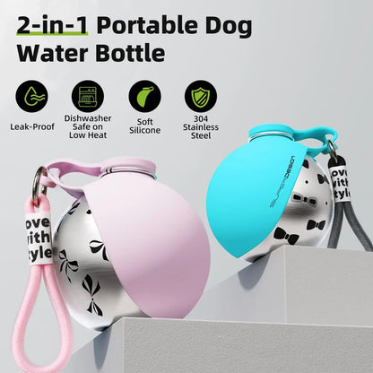 285ML Portable Pet Water Bottle – Leak-Proof Outdoor Drinking Cup with 304 Stainless Steel & Foldable Silicone Bowl for Dogs & Cats.