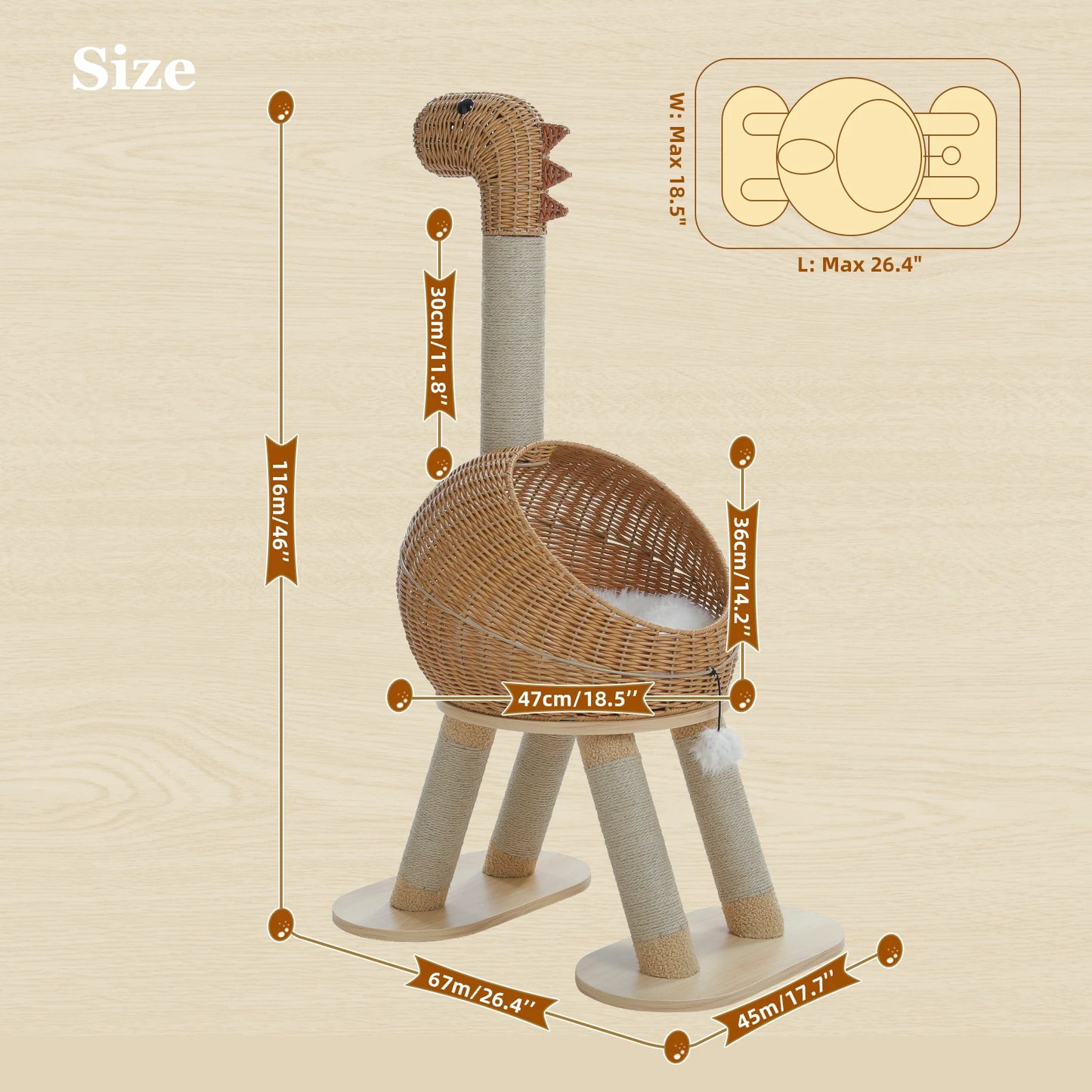 Dinosaur Cat Tree Tower – Large Indoor Cat Condo with Sisal Scratching Posts, Rattan Wicker Bed, Removable Mat & Interactive Cat Toys.