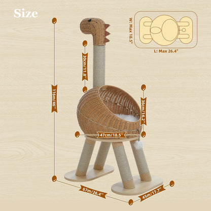 Dinosaur Cat Tree Tower – Large Indoor Cat Condo with Sisal Scratching Posts, Rattan Wicker Bed, Removable Mat & Interactive Cat Toys.