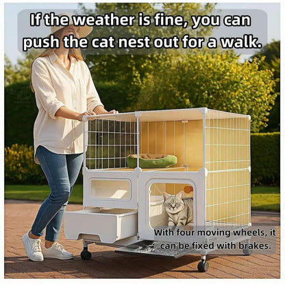 Large Indoor Cat Cage – Multi-Level Cat Enclosure with Litter Box, Bed, Bowl & Cleaning Set, Rolling Cat House with Wheels for Indoor Cats