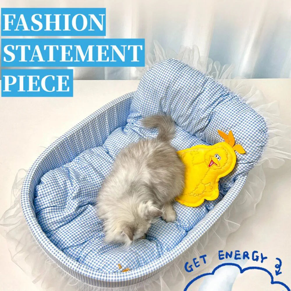 Cute Lace-Trimmed Pet Sofa Bed – Washable Removable Plush Oval Cushion for Cats & Small Dogs, Four-Season Princess-Style Sleeping Bed.