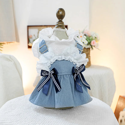 Sea Breeze Denim Pet Dress – Summer Blue Outfit for Dogs & Cats, Lightweight Anti-Hair Loss Fashion Clothing.