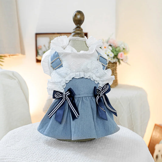 Sea Breeze Denim Pet Dress – Summer Blue Outfit for Dogs & Cats, Lightweight Anti-Hair Loss Fashion Clothing.