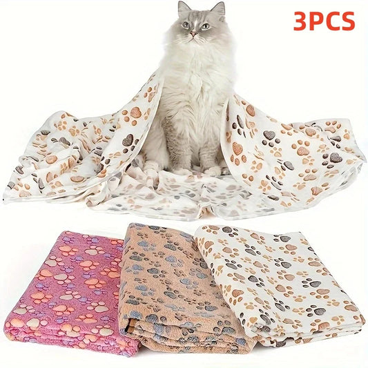 3-Pack Soft Flannel Fleece Pet Blankets – Warm Paw Print Sleeping Mats for Cats & Dogs