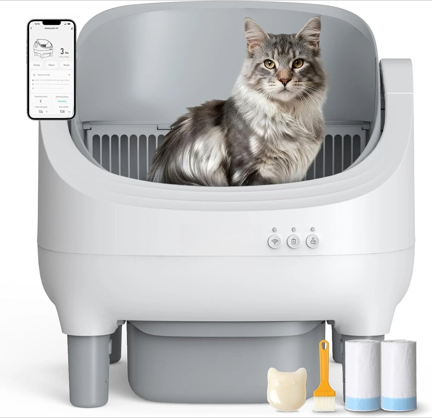 Automatic Self-Cleaning Cat Litter Box – App-Controlled Open-Top Design with Safety Sensors and Customizable Features.