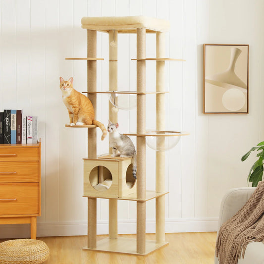 Multi-Level Wooden Cat Tree – Indoor Cat Tower with Scratching Posts, Condo, Hammock & Top Perch, Spacious Cat Scratcher & Play Center.
