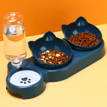 3-in-1 Tilted Pet Bowl Set – Cat Food & Water Feeder with Gravity Water Bottle, Ear-Shaped Design for Comfortable Neck Protection.