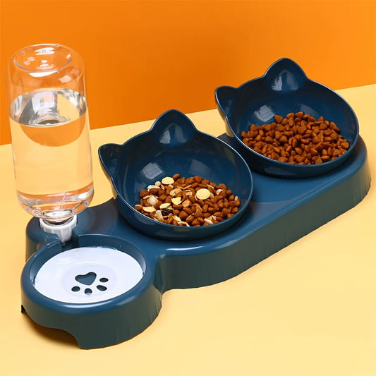 3-in-1 Tilted Pet Bowl Set – Cat Food & Water Feeder with Gravity Water Bottle, Ear-Shaped Design for Comfortable Neck Protection.