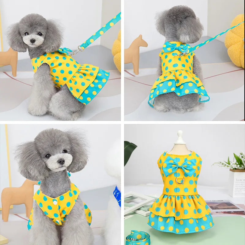 Small Dog Harness Dress & Leash Set – Luxury Polka Dot Puppy Dress with Bowknot for Chihuahuas, Blue & Yellow Summer Pet Outfit.