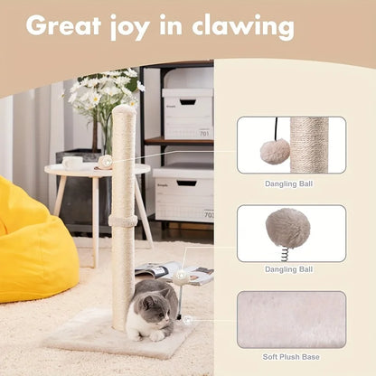 34-Inch Premium Cat Scratching Post – Indoor Sisal Scratcher Tree with Hanging Ball Toy for Adult Cats.