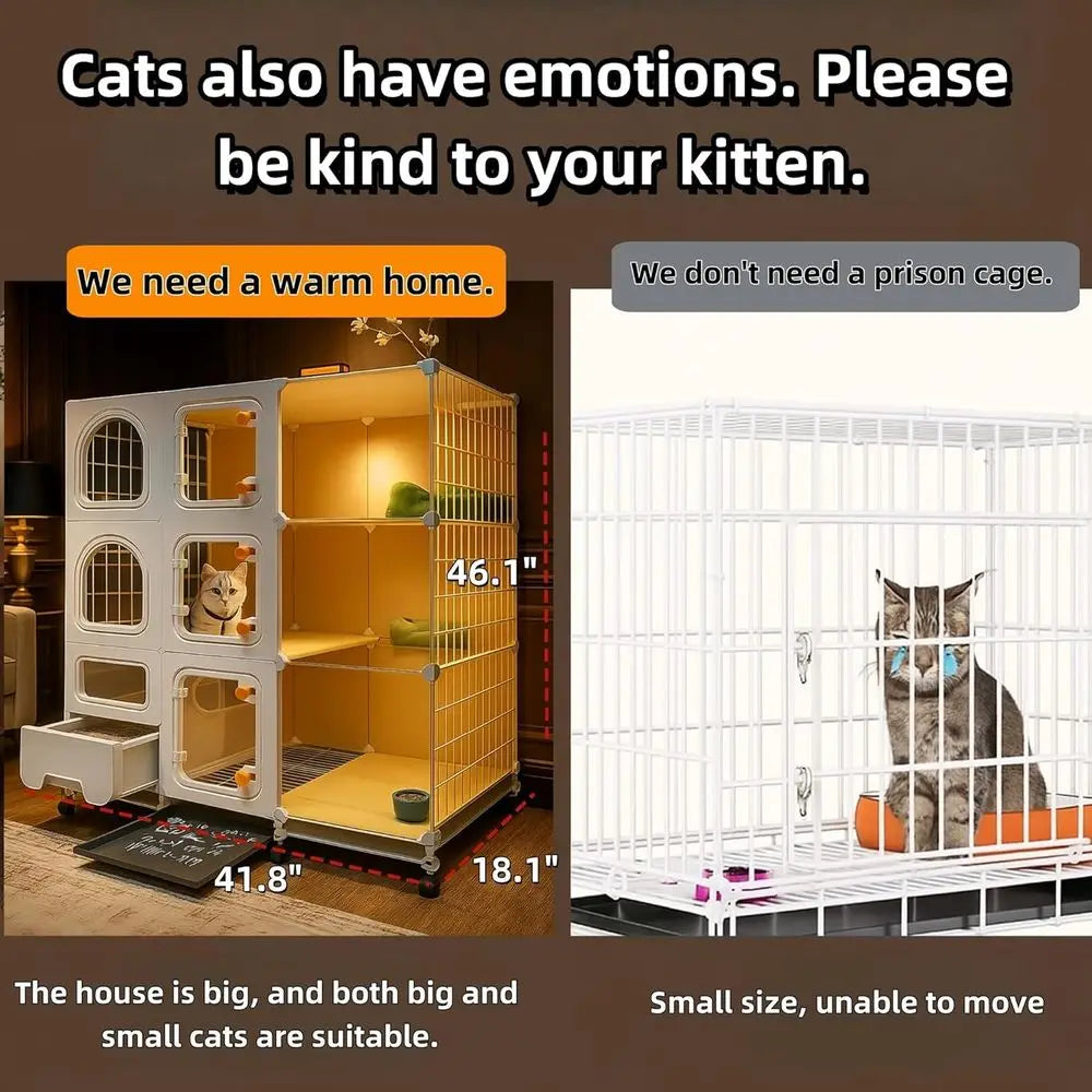 Large Indoor Cat Cage – Multi-Level Cat Enclosure with Litter Box, Bed, Bowl & Cleaning Set, Rolling Cat House with Wheels for Indoor Cats