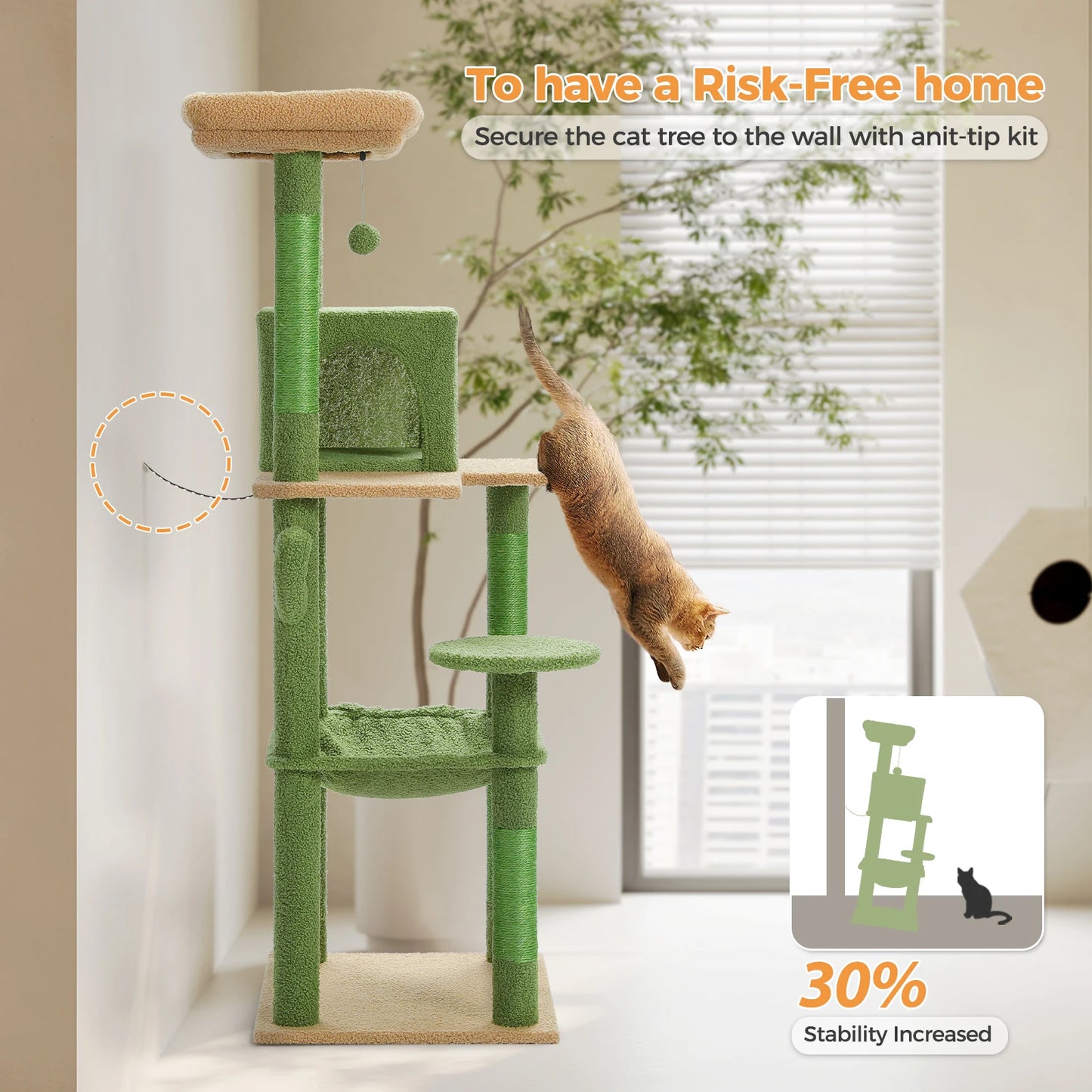 Cactus Cat Tree Tower – Large Indoor Cat Furniture with Metal Plush Hammock, 2-Door Condo House & Spacious Top Perch for Cats.