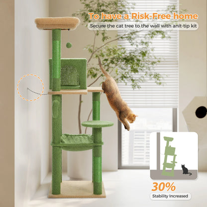 Cactus Cat Tree Tower – Large Indoor Cat Furniture with Metal Plush Hammock, 2-Door Condo House & Spacious Top Perch for Cats.