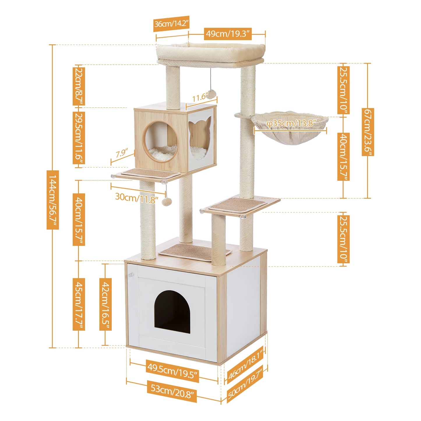 Multi-Level Wooden Cat Tree – Indoor Cat Tower with Scratching Posts, Condo, Hammock & Top Perch, Spacious Cat Scratcher & Play Center.