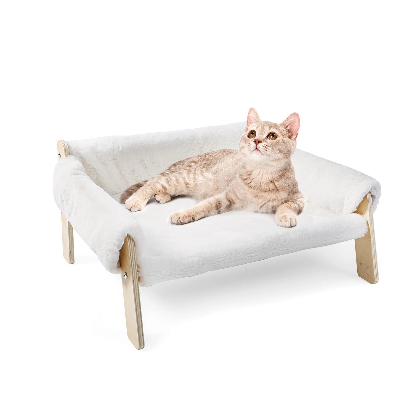 Large Plush Cat Sofa Bed – Soft Raised Cat Couch with Sturdy Wooden Legs for Indoor Cats & Kittens.