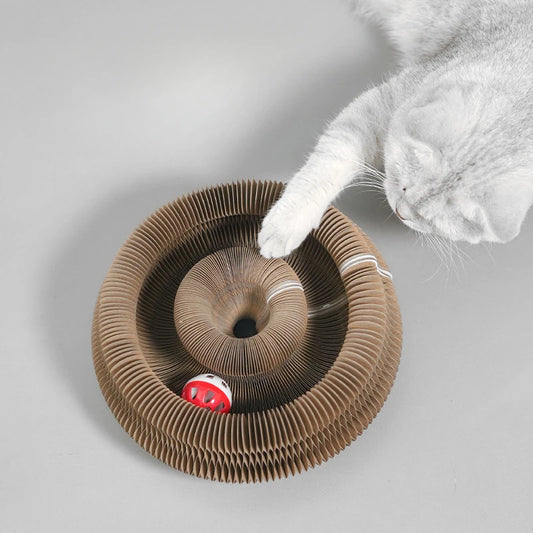 Magic Cat Scratching Board Toy – Round Corrugated Cat Scratcher with Ball Track for Claw Grinding, Play & Kitten Exercise.