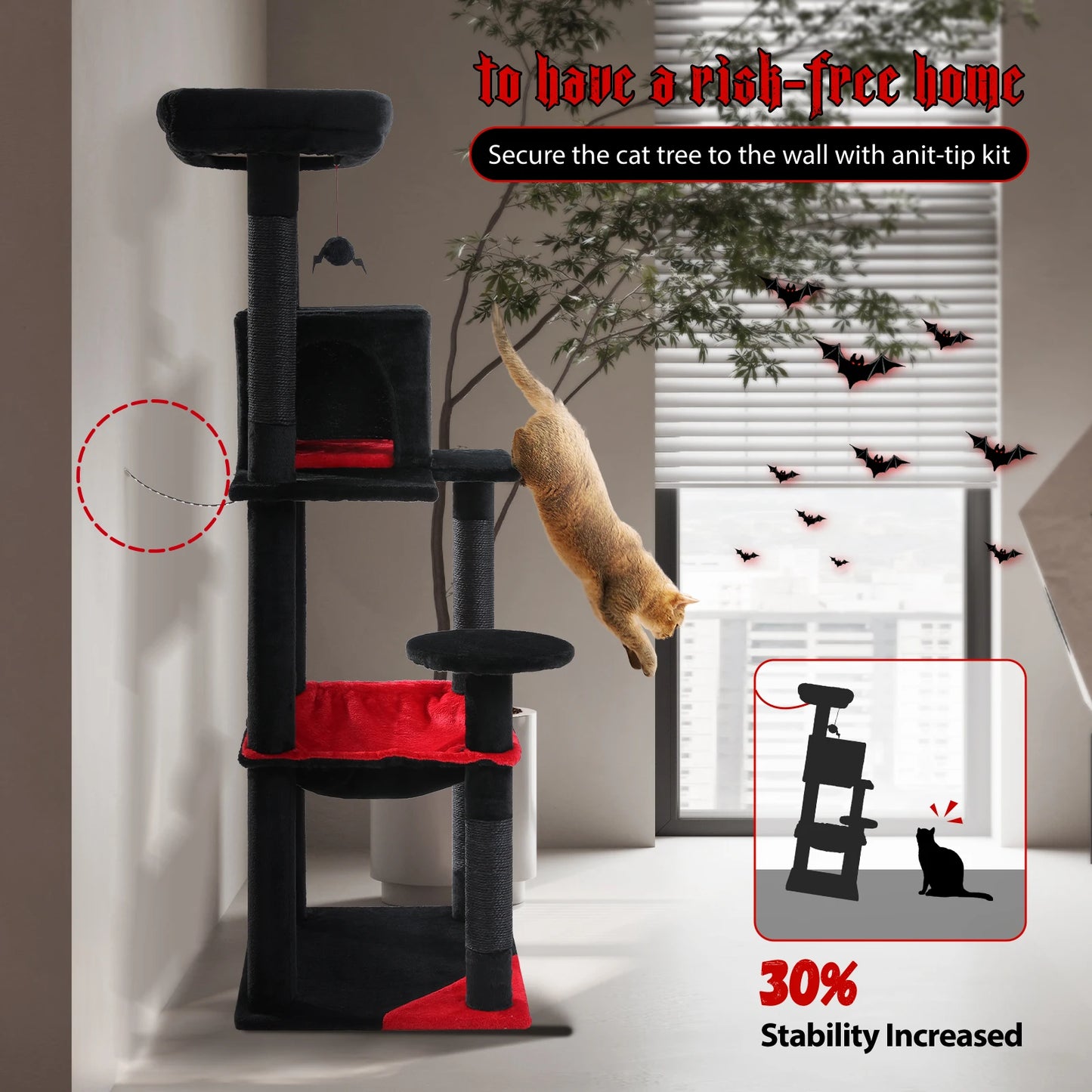 Gothic Cat Tree for Indoor Cats – Tall Multi-Level Cat Tower with Super Large Hammock, Cozy Condo, Top Perch & Sisal Scratching Posts.