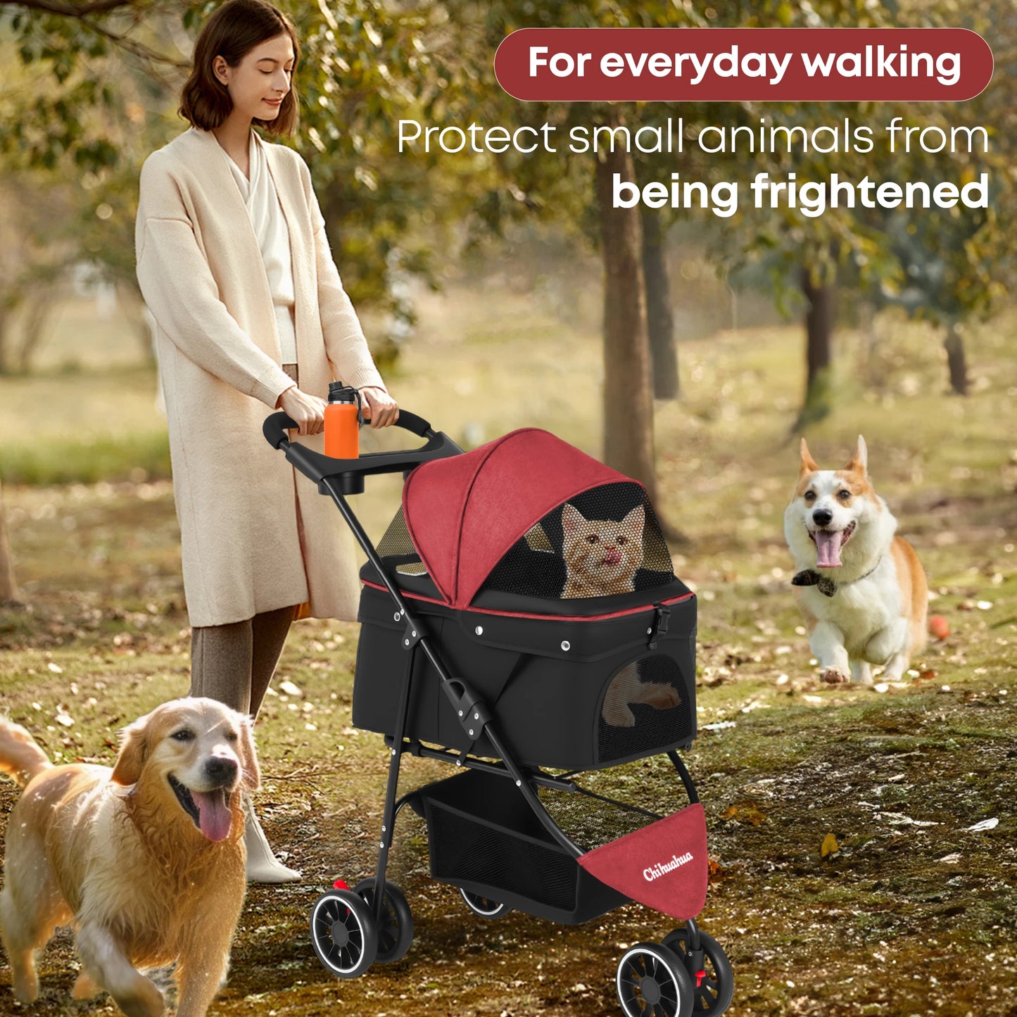 3-Wheel Pet Stroller – Foldable Travel Carrier with Breathable Mesh Canopy for Small & Medium Dogs & Cats, Ideal for Outdoor Travel.