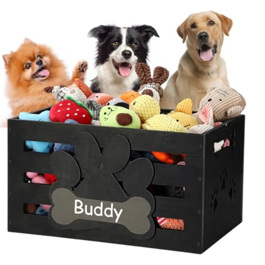 Large Wooden Dog Toy Storage Bin with Handles, Label Holder, and Paw Print Design