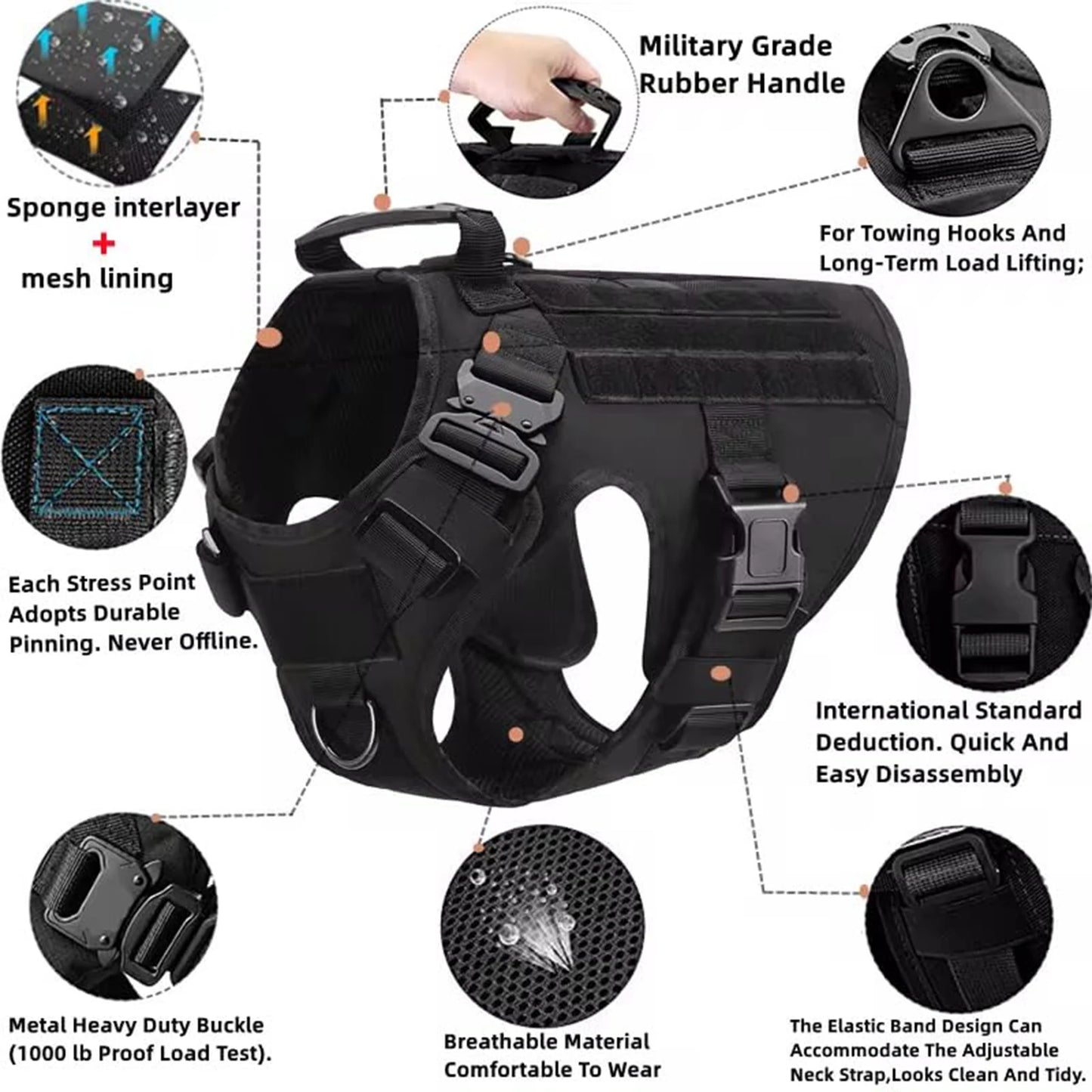 Tactical Dog Harness Set – MOLLE Vest with Collar & Leash, Training & Walking Gear for Medium & Large Dogs like German Shepherds.