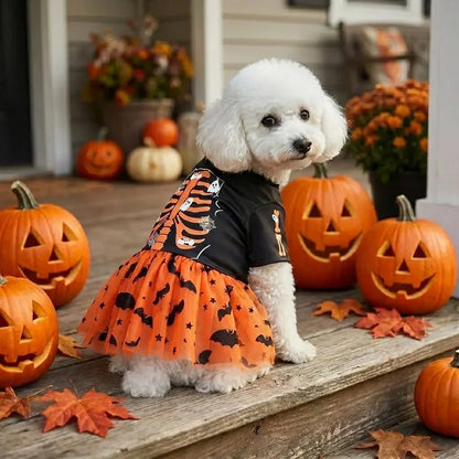 Halloween Dog Tutu Dress – Orange Skeleton, Ghost, Bat & Star Print Mesh Tulle Costume for Small & Medium Girl Dogs.