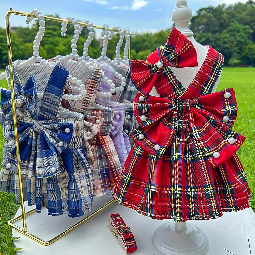 Princess Dog Dress with Bow & Pearl Belt – Cute Checkered Spring & Summer Outfit for Small Girl Dogs, Perfect for Birthdays & Special Occasions.