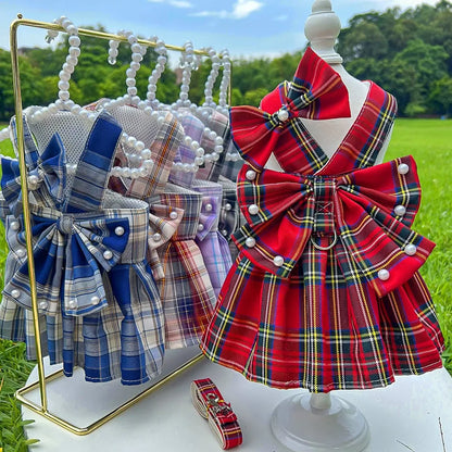 Princess Dog Dress with Bow & Pearl Belt – Cute Checkered Spring & Summer Outfit for Small Girl Dogs, Perfect for Birthdays & Special Occasions.