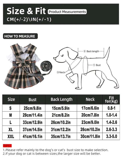 Cute Plaid Dog Dress – Bowknot Back Outfit with Adjustable Leash, Lightweight Spring & Summer Clothing for Dogs.