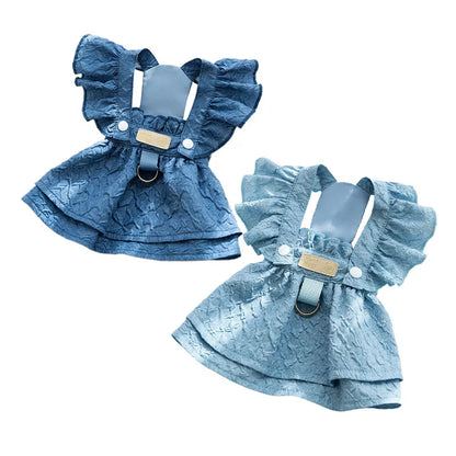 Denim Dog Dress – Blue Summer Outfit for Small Dogs & Cats, Clothing with Leash Ring & Flying Sleeves