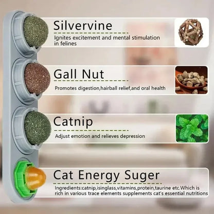 4-in-1 Rotating Catnip & Silver Vine Ball – Wall-Mounted Edible Cat Toy for Teeth Cleaning, Acne Prevention & Digestive Health.