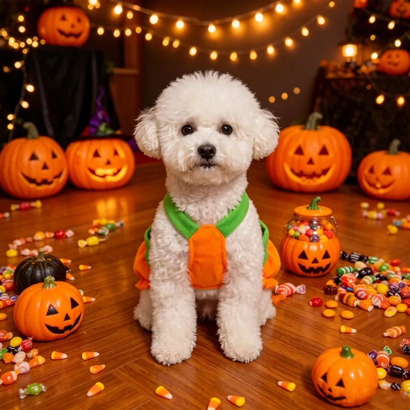 Adjustable Halloween Pumpkin Overall Costume – Washable Trick-or-Treat Outfit for Small Dogs & Cats.
