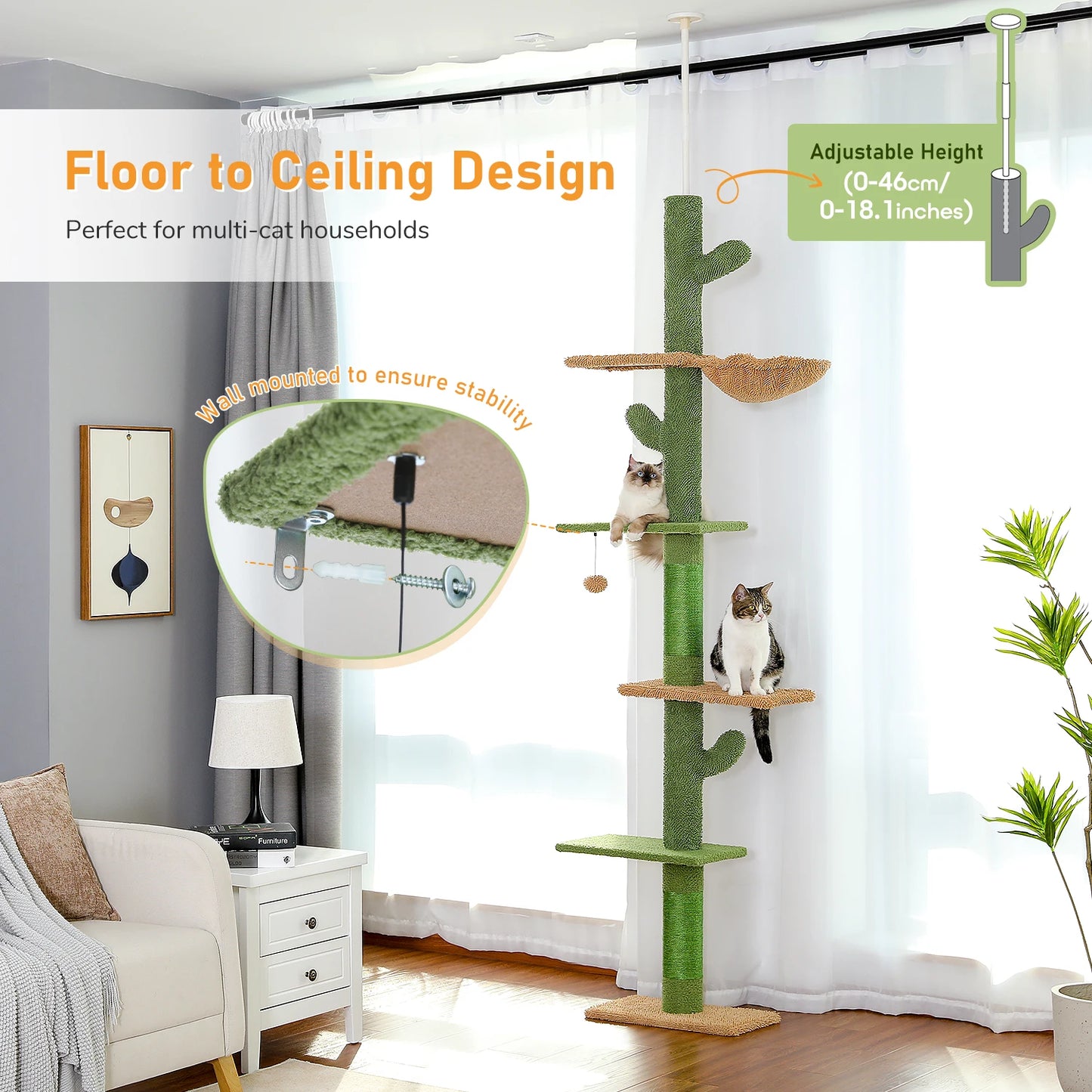 5-Tier Floor-to-Ceiling Cat Tree – Cactus-Themed Tall Cat Tower with Scratching Posts, Hammock & Dangling Ball for Indoor Cats.