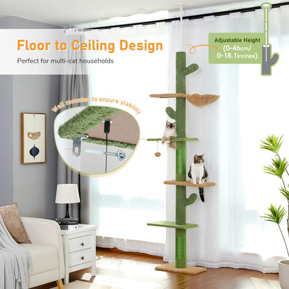 5-Tier Floor-to-Ceiling Cat Tree – Cactus-Themed Tall Cat Tower with Scratching Posts, Hammock & Dangling Ball for Indoor Cats.