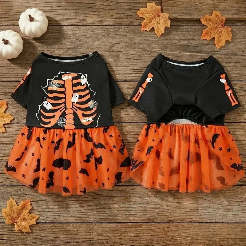 Halloween Dog Tutu Dress – Orange Skeleton, Ghost, Bat & Star Print Mesh Tulle Costume for Small & Medium Girl Dogs.