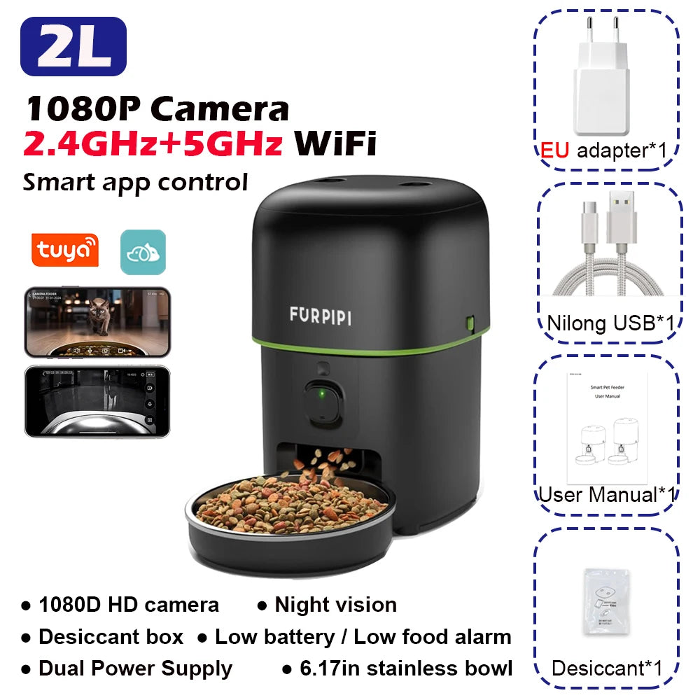 1080P HD Camera Smart Pet Feeder – 5G WiFi Automatic Kibble Dispenser with Tuya App Control for Cats & Dogs.
