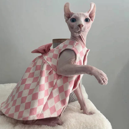 Luxury Bowknot Dress for Sphynx Cats – Sleeveless Pink Skirt Vest for Female Cats, Sweet Spring Pet Outfit.
