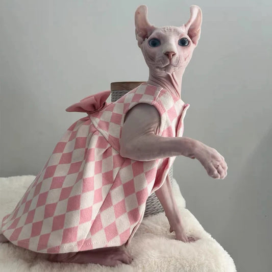 Luxury Bowknot Dress for Sphynx Cats – Sleeveless Pink Skirt Vest for Female Cats, Sweet Spring Pet Outfit.