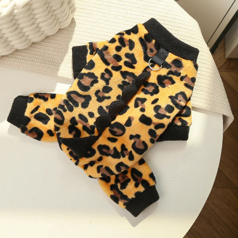 Dinosaur Pet Jumpsuit – Warm Flannel Autumn & Winter Outfit for Dogs & Cats, Cute Teddy Pet Romper Clothing.