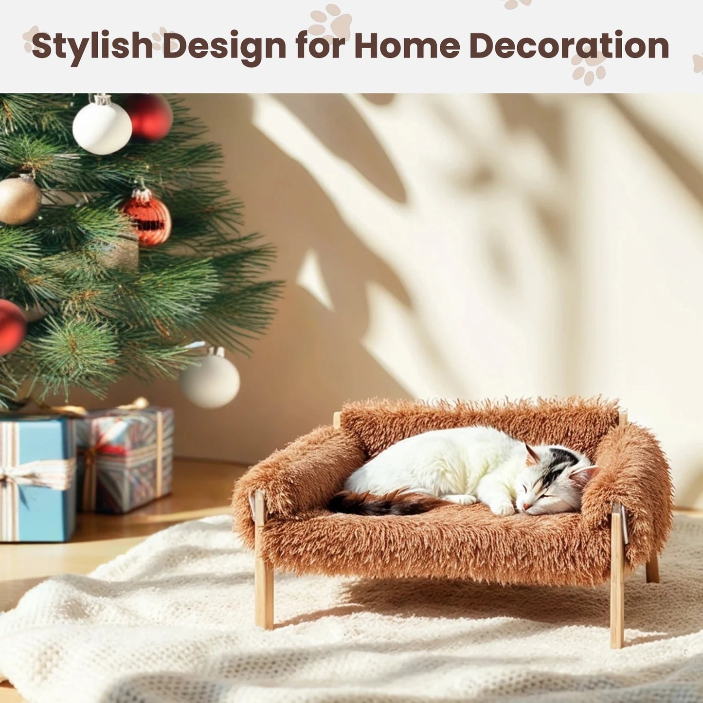 Large Plush Cat Sofa Bed – Soft Raised Cat Couch with Sturdy Wooden Legs for Indoor Cats & Kittens.