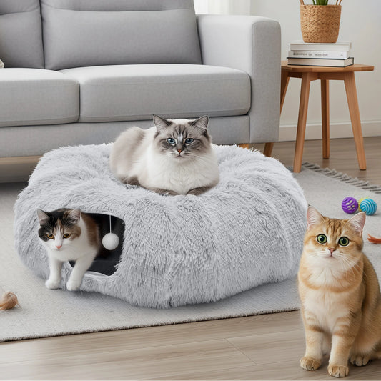 JHK Cat Tunnel Bed – Soft Plush Washable Indoor Playground & Tunnel Bed for Cats with Interactive Toy Design.