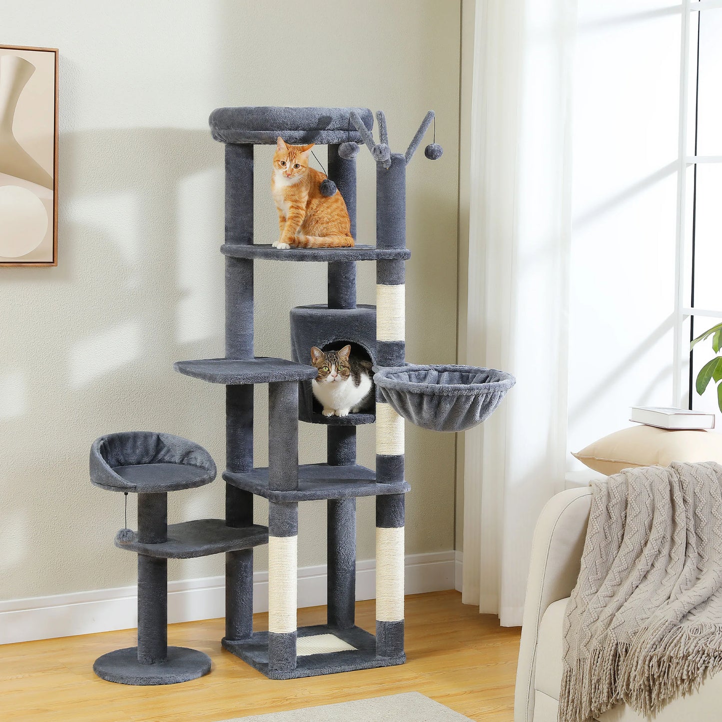 Multi-Level Cat Tree Tower – Tall Indoor Cat Condo with Scratching Posts, Hammock, Large Perches & Hanging Ball Toys for Cats.