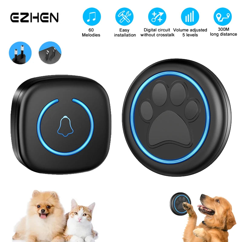Pet Training Doorbell Button – 300m Range Wireless Ringer with 60 Sounds, High-Volume Smart Bell for Cat & Dog Communication Training.