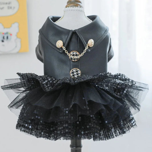 Luxury Black PU Dog Coat Dress – Warm Winter Leather Outfit with Sequins & Tulle Skirt for Small Dogs.