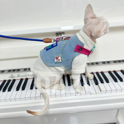 Outdoor Cowboy Sphynx Cat Harness & Leash – Luxury Sleeveless Denim Adjustable Harness for Travel, Walking & Hiking with Devon Rex Kittens.
