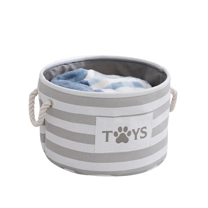 Foldable Striped Pet Toy Storage Basket with Woven Rope Handles