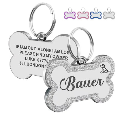 Custom Double-Sided Pet ID Tag – Glitter Name Pendant for Dogs, Anti-Lost Bone-Shaped Collar Accessory.