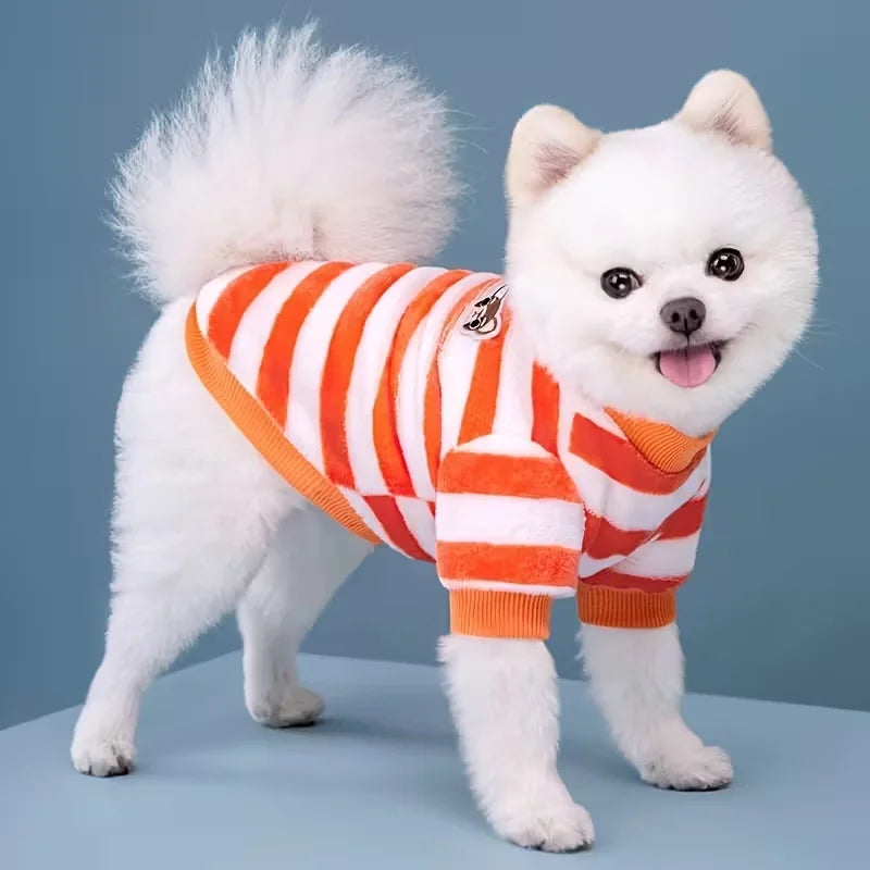 Winter Fleece Pet Coat – Striped Puppy Dog Jacket & Sweatshirt for Small and Medium Dogs, Cute Warm Pet Outfit.